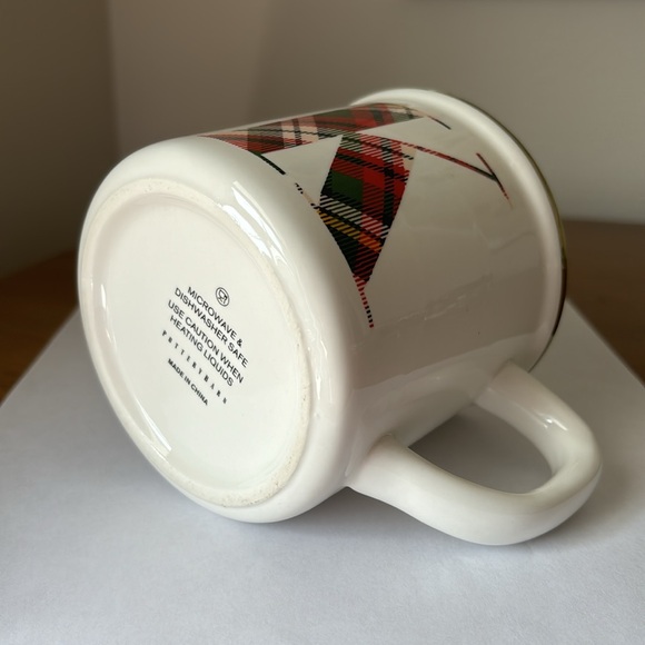 Pottery Barn K Monogram Initial Coffee Cup Mug Plaid Metallic Gold Rim - Picture 7 of 9